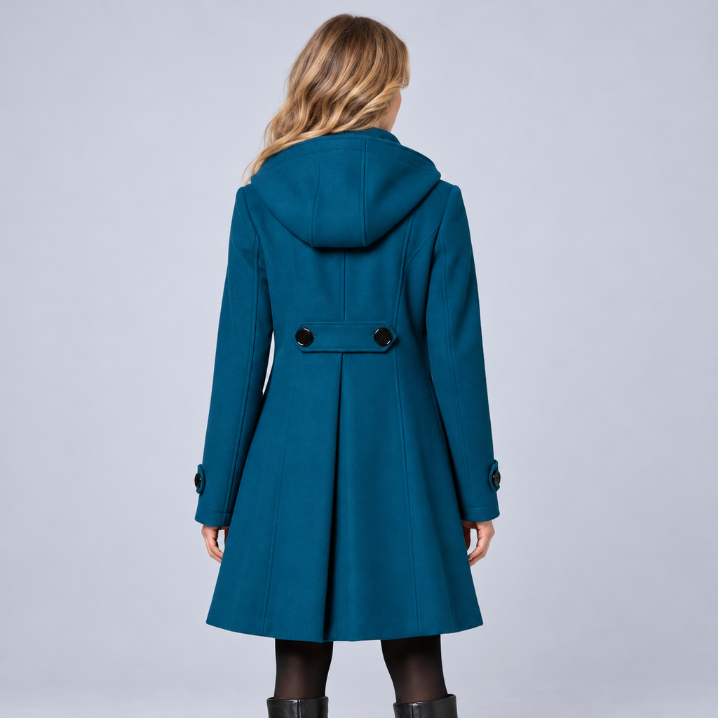 Ellis & Rowe Teal hooded A-line coat, ER-W04 studio view 03