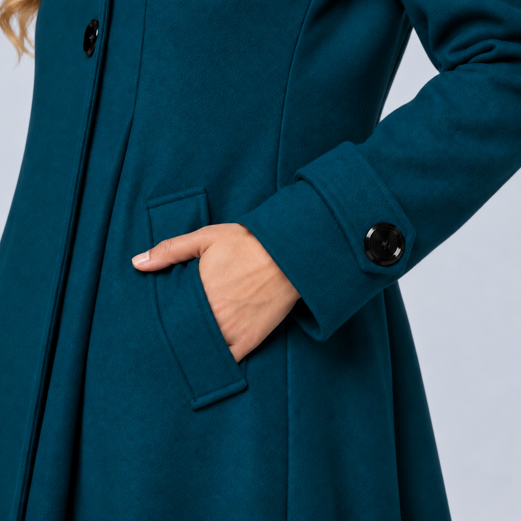 Ellis & Rowe Teal hooded A-line coat, ER-W04 studio view 04