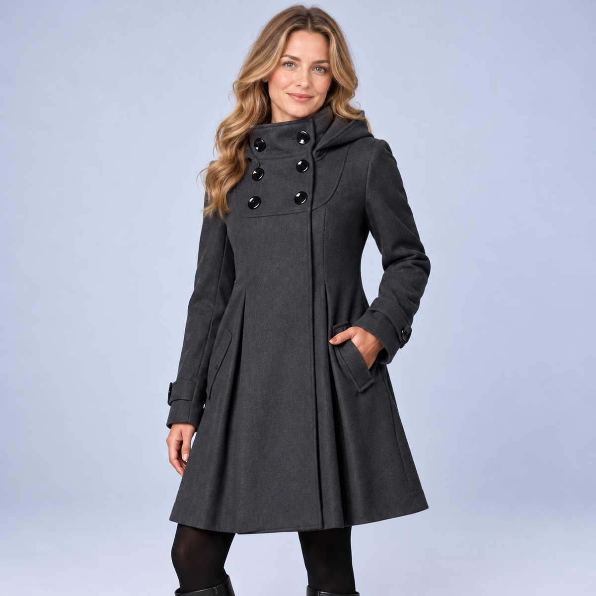 Ellis & Rowe Dark Grey hooded A-line coat, ER-W04 studio view 05