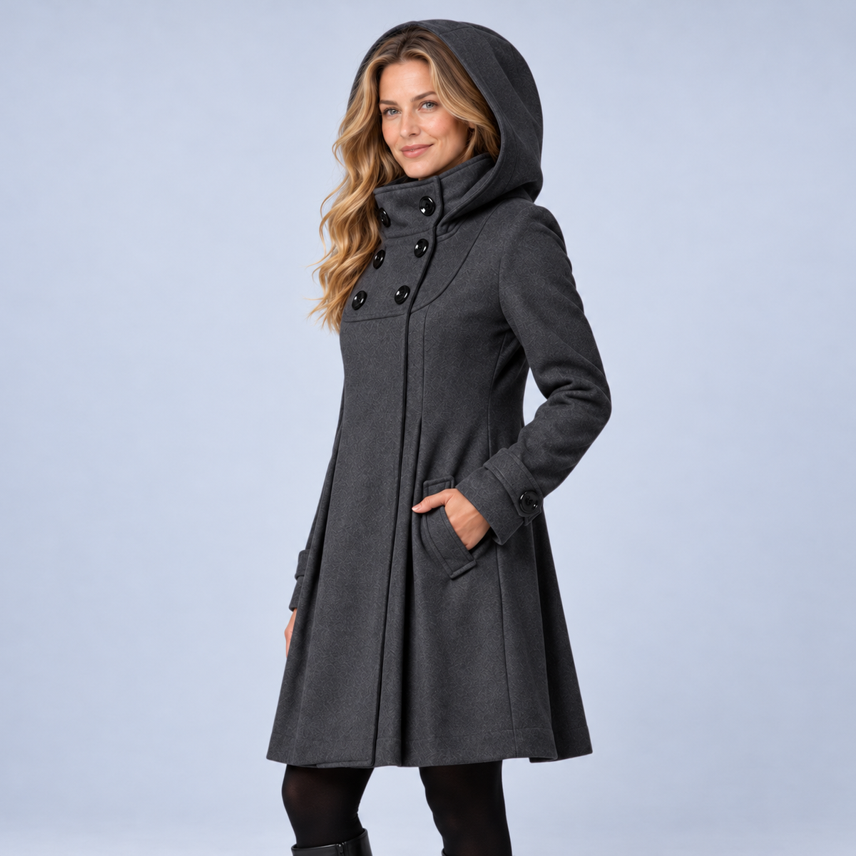 Ellis & Rowe Dark Grey hooded A-line coat, ER-W04 studio view 06