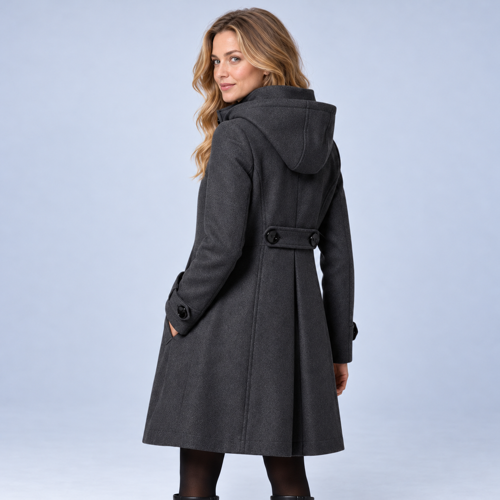 Ellis & Rowe Dark Grey hooded A-line coat, ER-W04 studio view 07