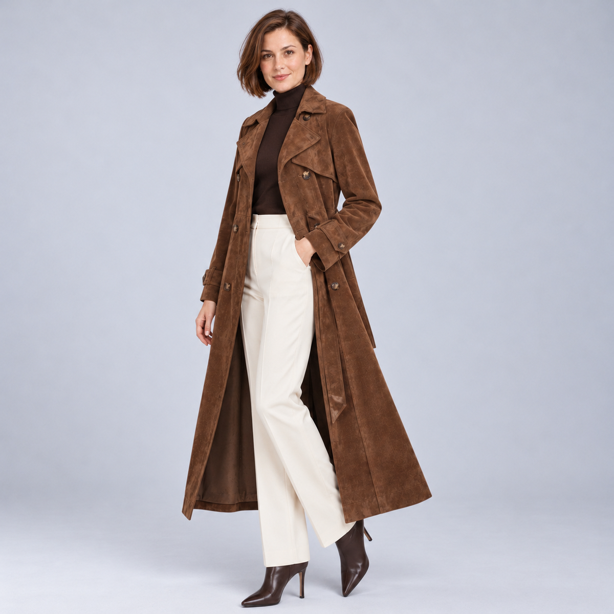 Ellis & Rowe Brown suede effect trench coat, ER-W06 studio view 02