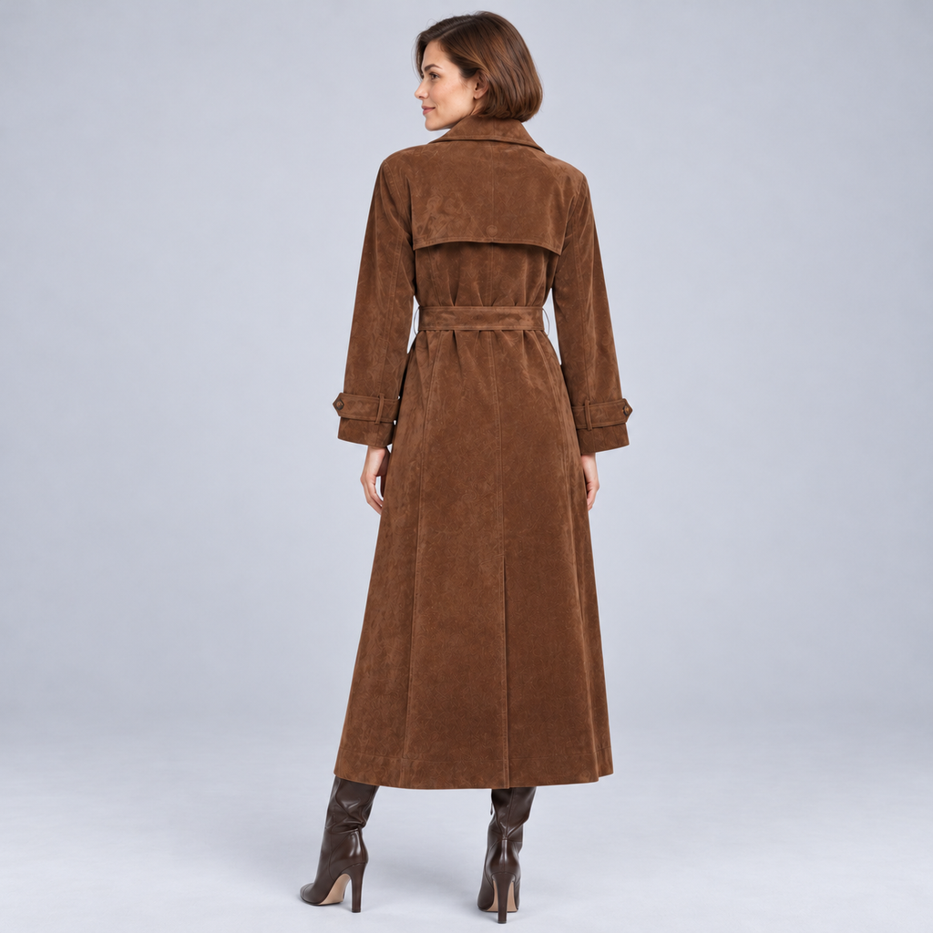 Ellis & Rowe Brown suede effect trench coat, ER-W06 studio view 03