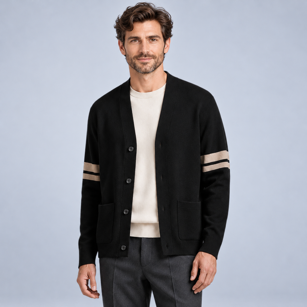 Ellis & Rowe men's stripe detail cardigan in Black, studio view 1