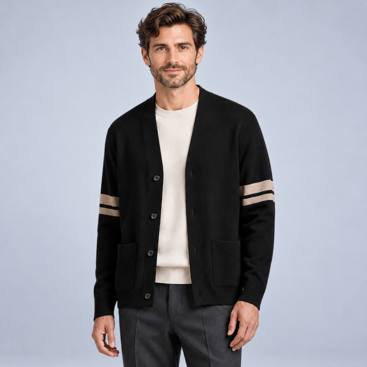 Ellis & Rowe men's stripe detail cardigan in Black, studio view 1