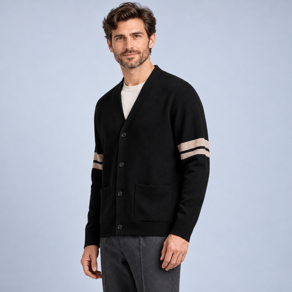 Ellis & Rowe men's stripe detail cardigan in Black, studio view 2