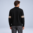Ellis & Rowe men's stripe detail cardigan in Black, studio view 3