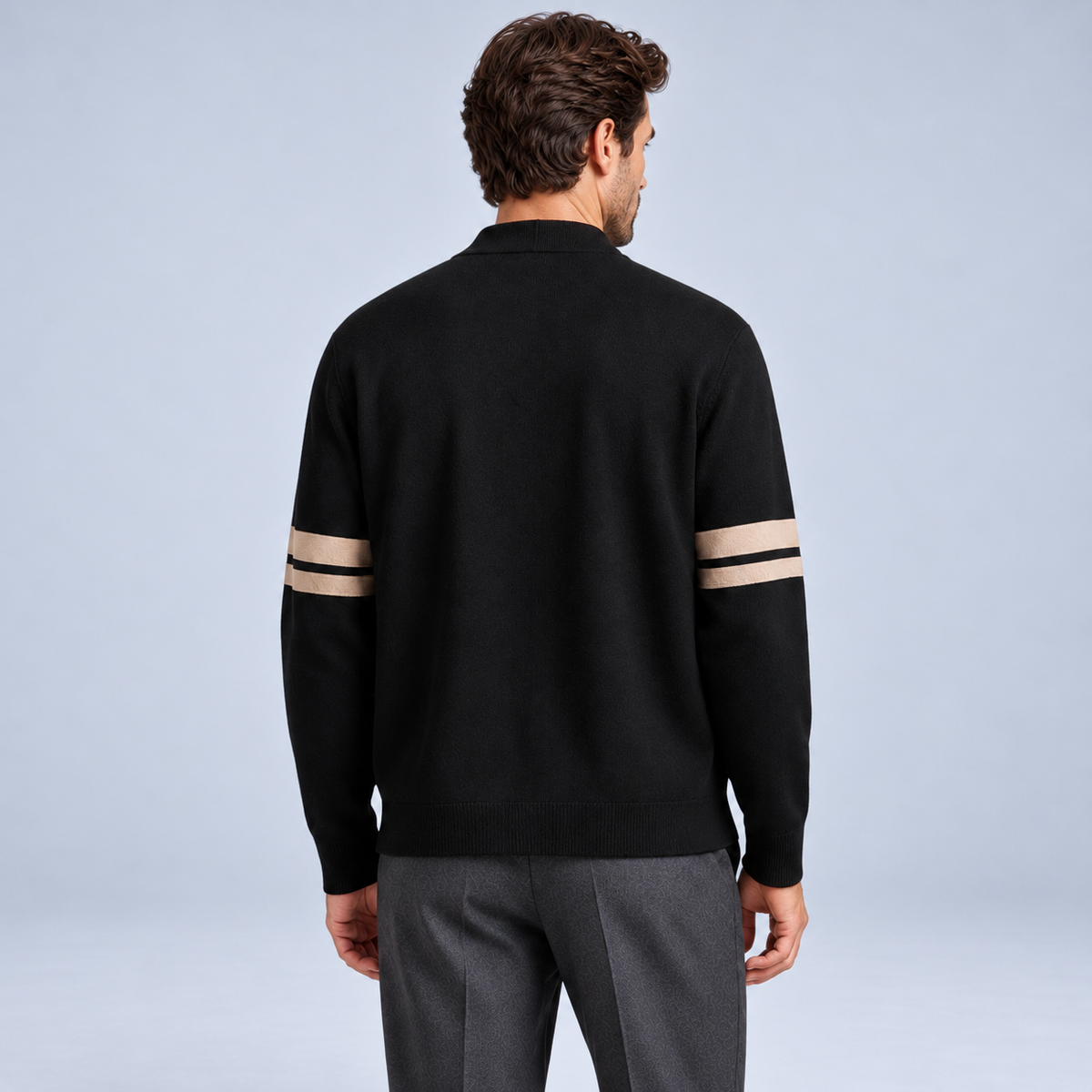 Ellis & Rowe men's stripe detail cardigan in Black, studio view 3