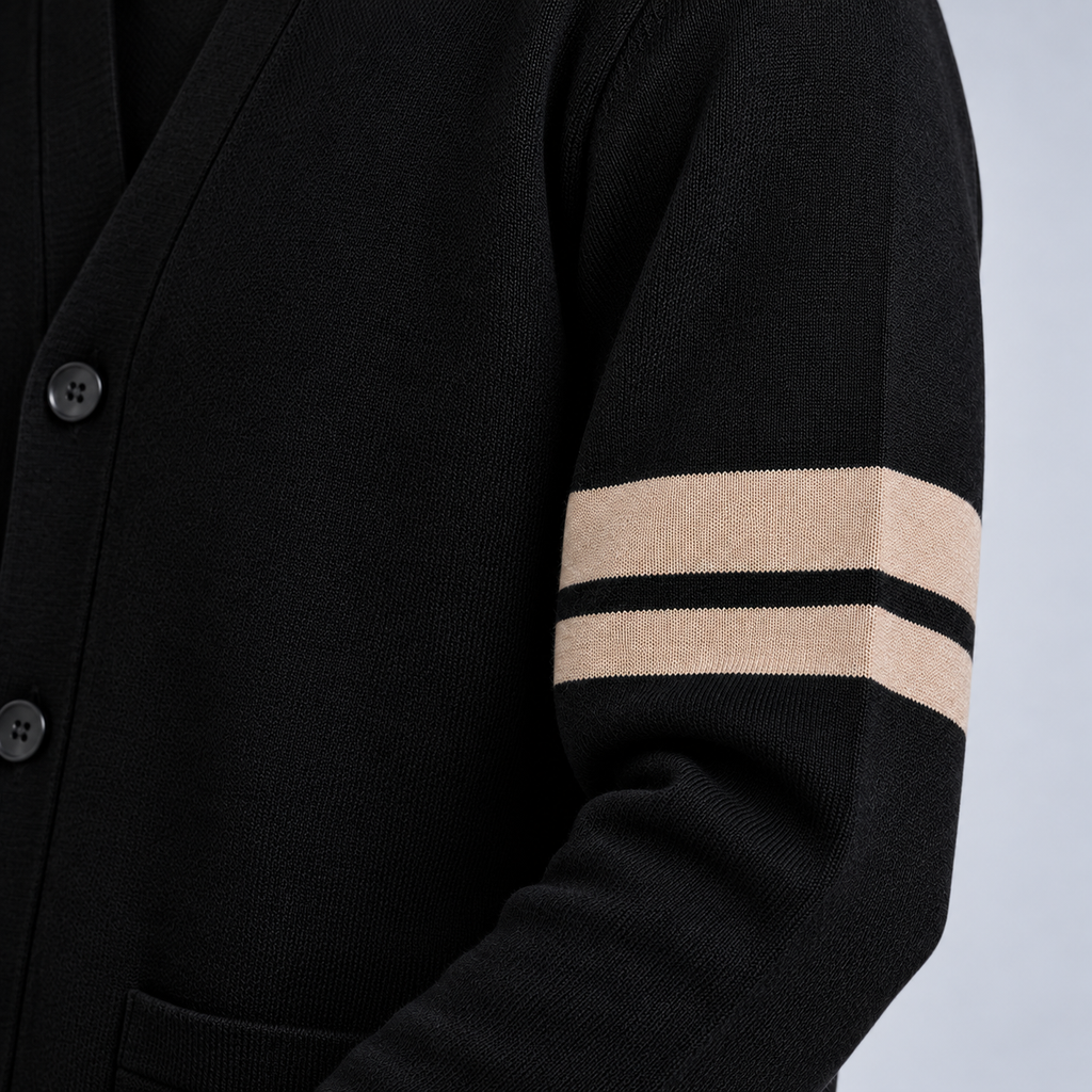 Ellis & Rowe men's stripe detail cardigan in Black, studio view 4