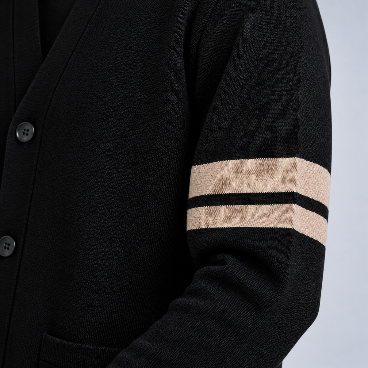 Ellis & Rowe men's stripe detail cardigan in Black, studio view 4