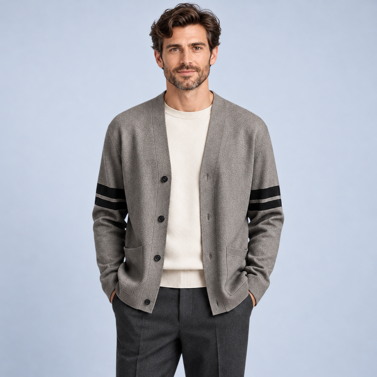 Ellis & Rowe men's stripe detail cardigan in Grey, studio view 1