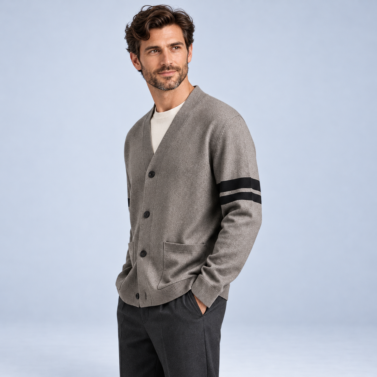 Ellis & Rowe men's stripe detail cardigan in Grey, studio view 2