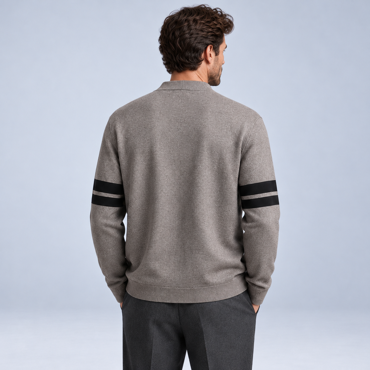 Ellis & Rowe men's stripe detail cardigan in Grey, studio view 3