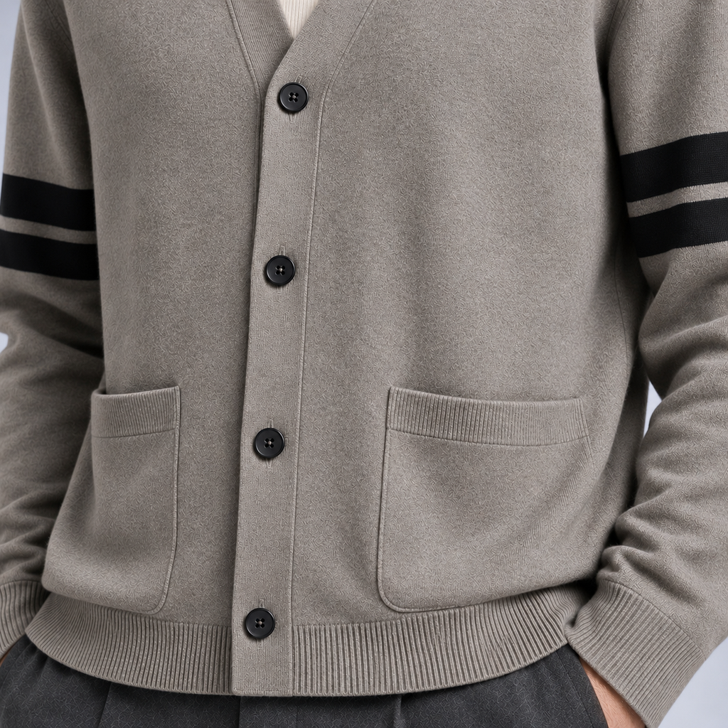 Ellis & Rowe men's stripe detail cardigan in Grey, studio view 4