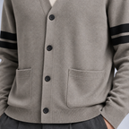 Ellis & Rowe men's stripe detail cardigan in Grey, studio view 4