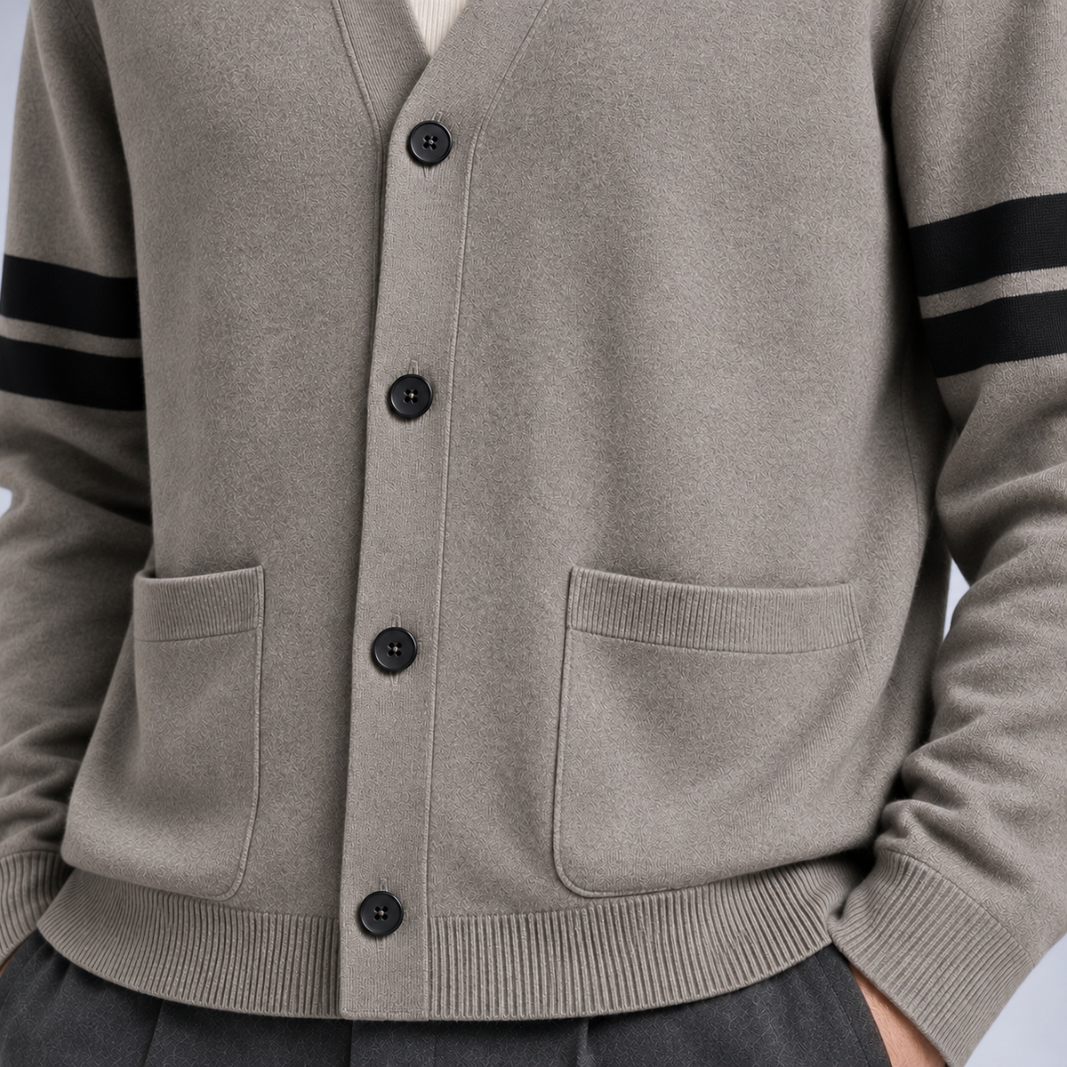 Ellis & Rowe men's stripe detail cardigan in Grey, studio view 4