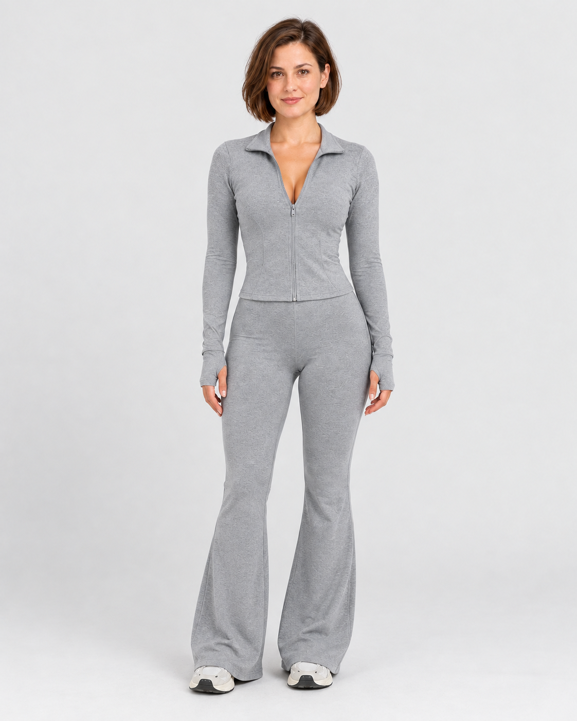 Ellis & Rowe Grey zip-top and flared-trouser co-ord, front view