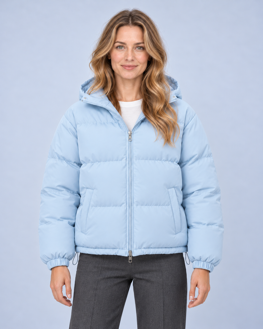 Ellis & Rowe puffer jacket in Baby blue, front view, ER-W04