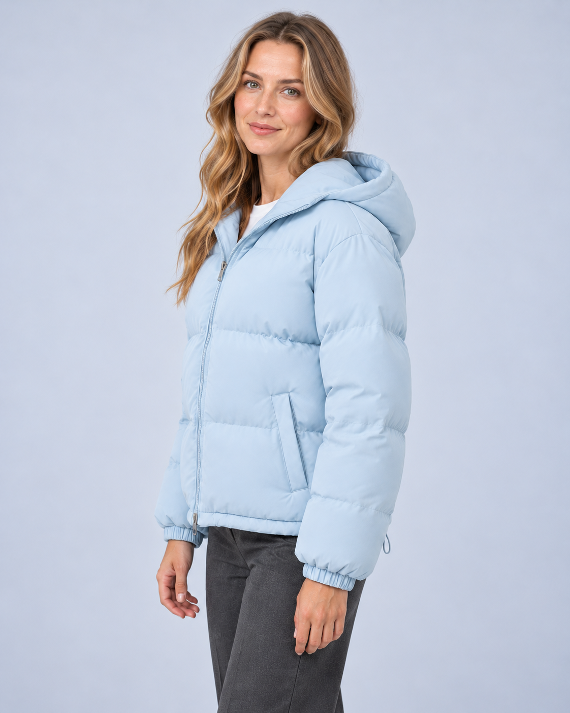 Ellis & Rowe puffer jacket in Baby blue, side view, ER-W04