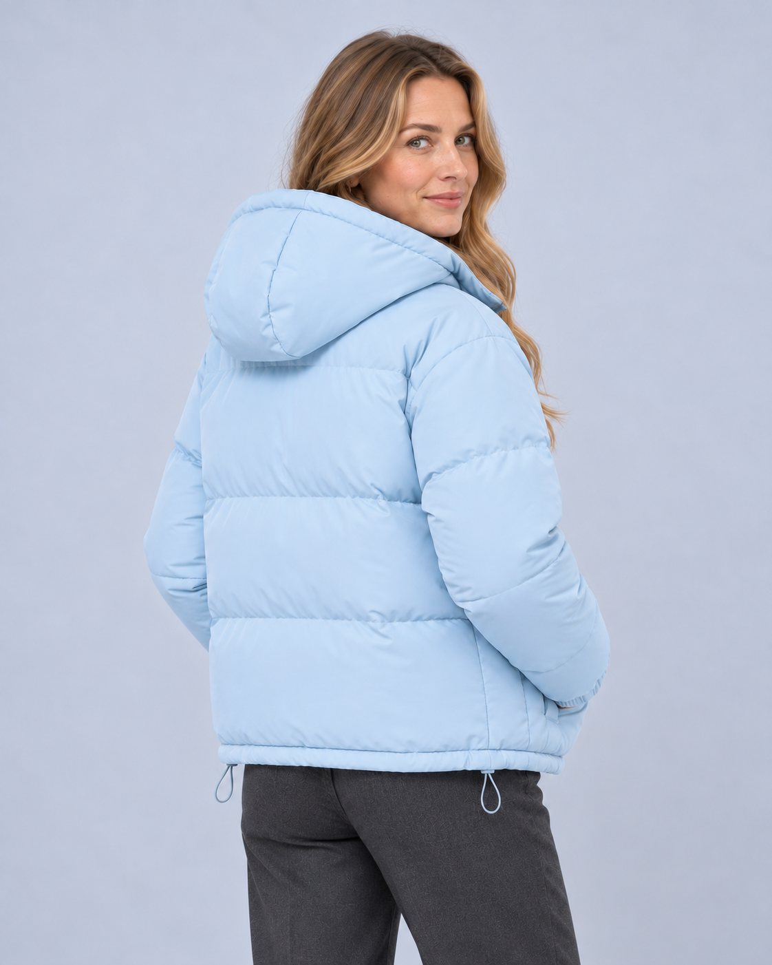 Ellis & Rowe puffer jacket in Baby blue, rear view, ER-W04