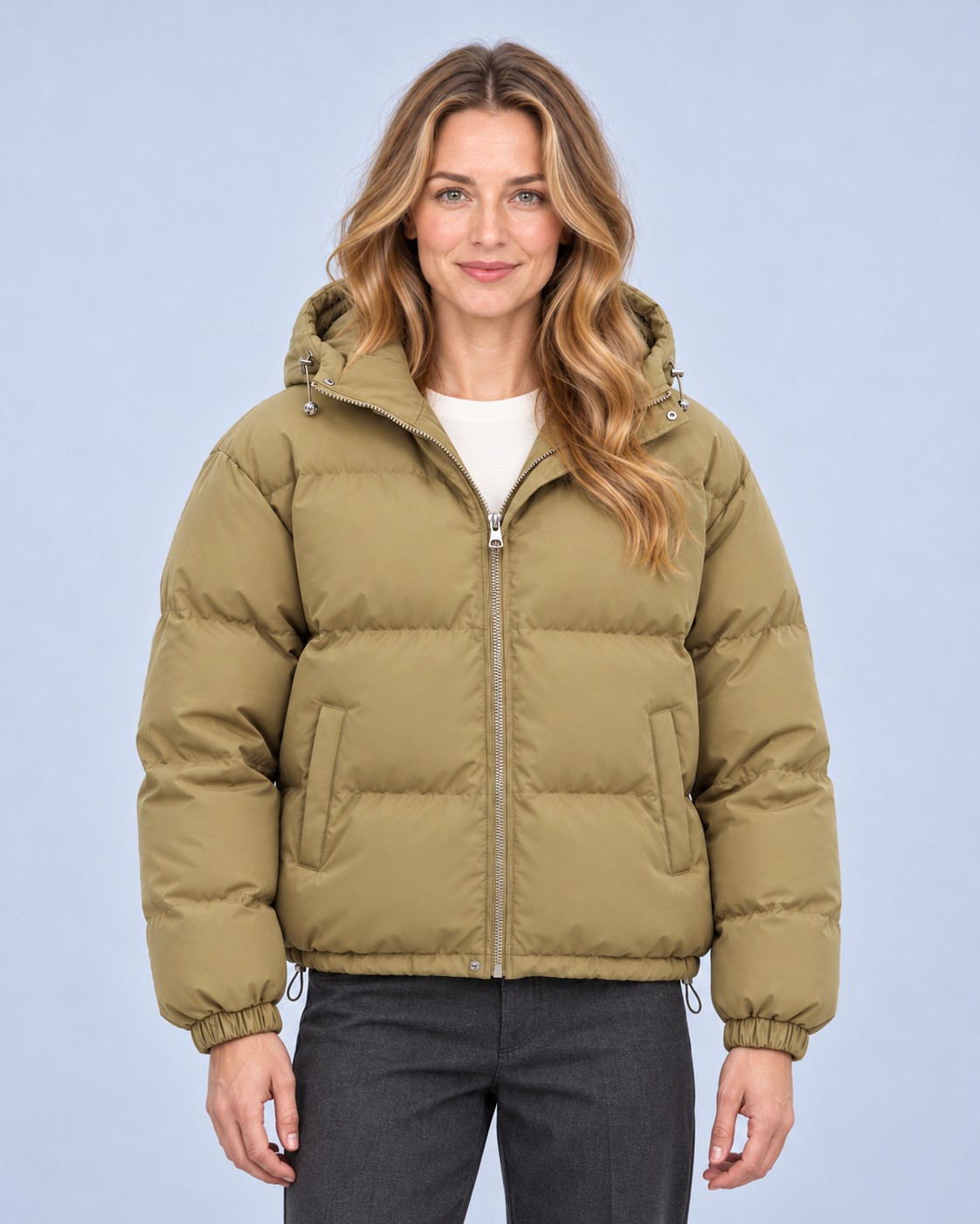 Ellis & Rowe puffer jacket in Khaki, front view, ER-W04