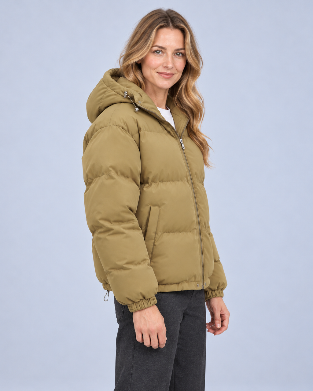 Ellis & Rowe puffer jacket in Khaki, side view, ER-W04
