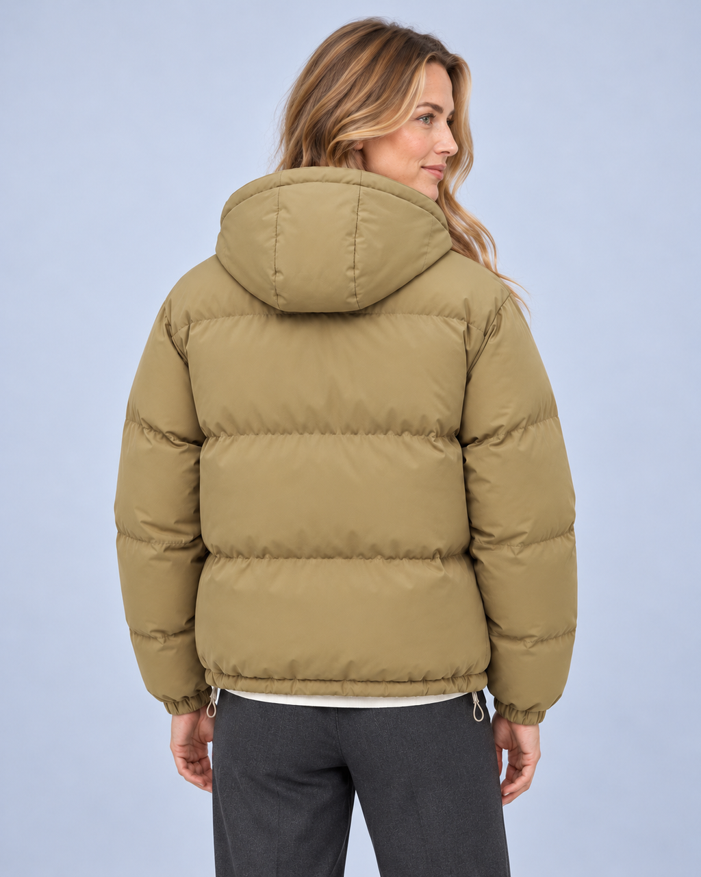 Ellis & Rowe puffer jacket in Khaki, rear view, ER-W04