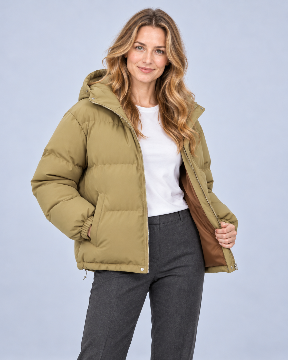 Ellis & Rowe puffer jacket in Khaki, open front view, ER-W04