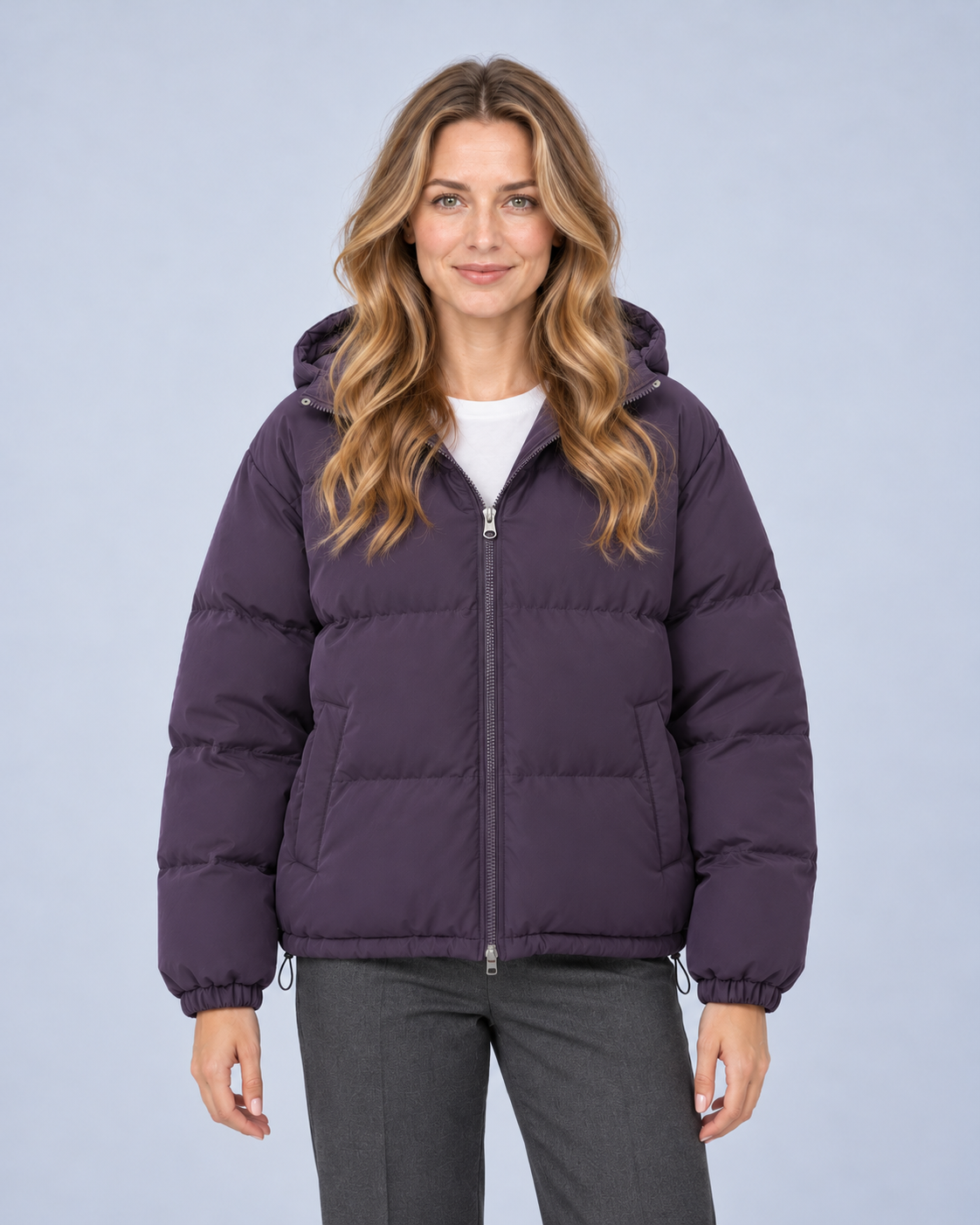 Ellis & Rowe own model ER-W04 — Unisex Hooded Cotton Puffer Jacket — Purple front