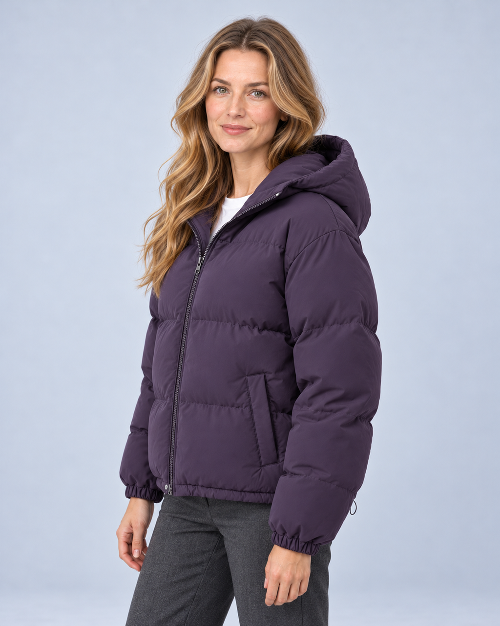 Ellis & Rowe own model ER-W04 — Unisex Hooded Cotton Puffer Jacket — Purple side
