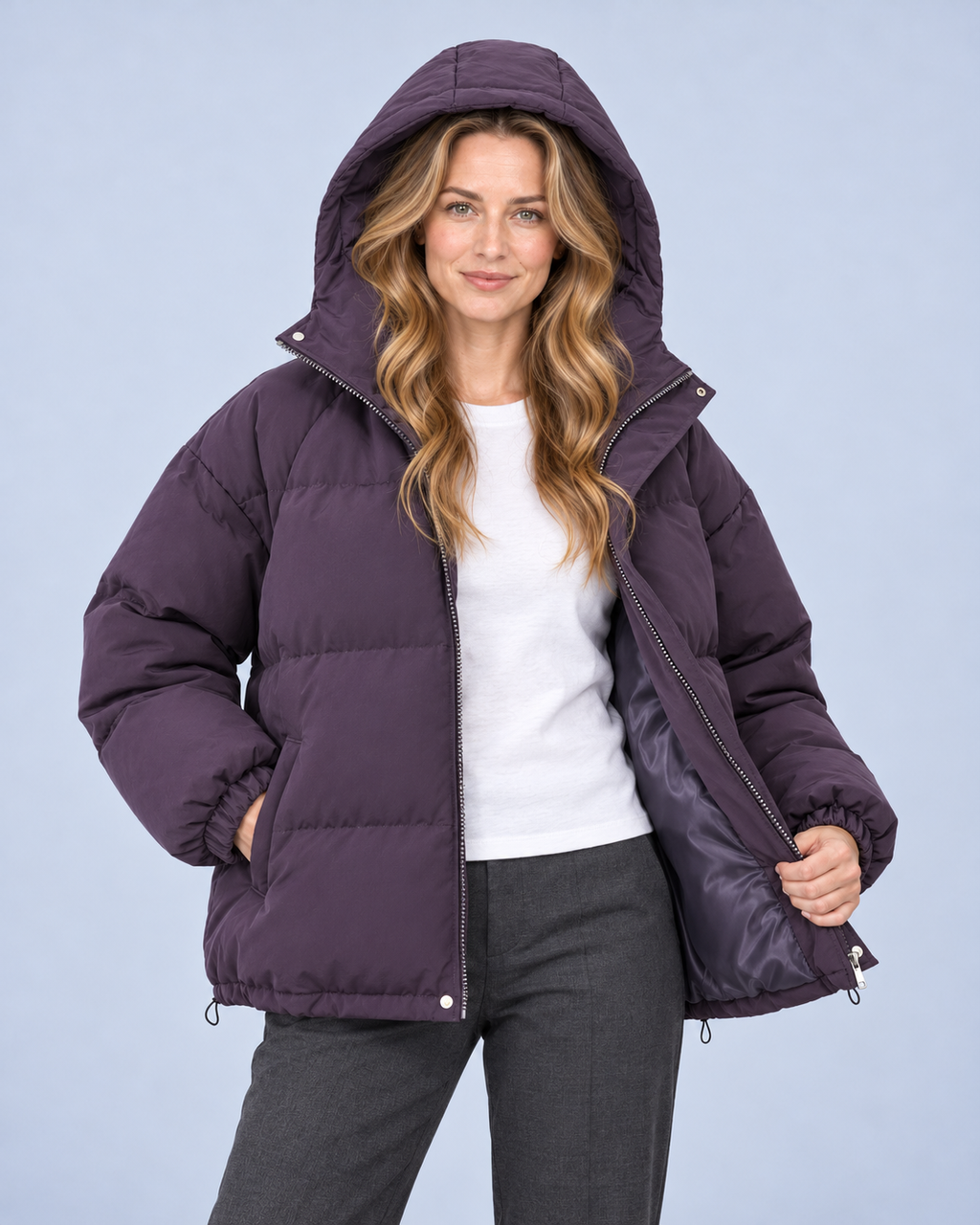 Ellis & Rowe own model ER-W04 — Unisex Hooded Cotton Puffer Jacket — Purple open-front