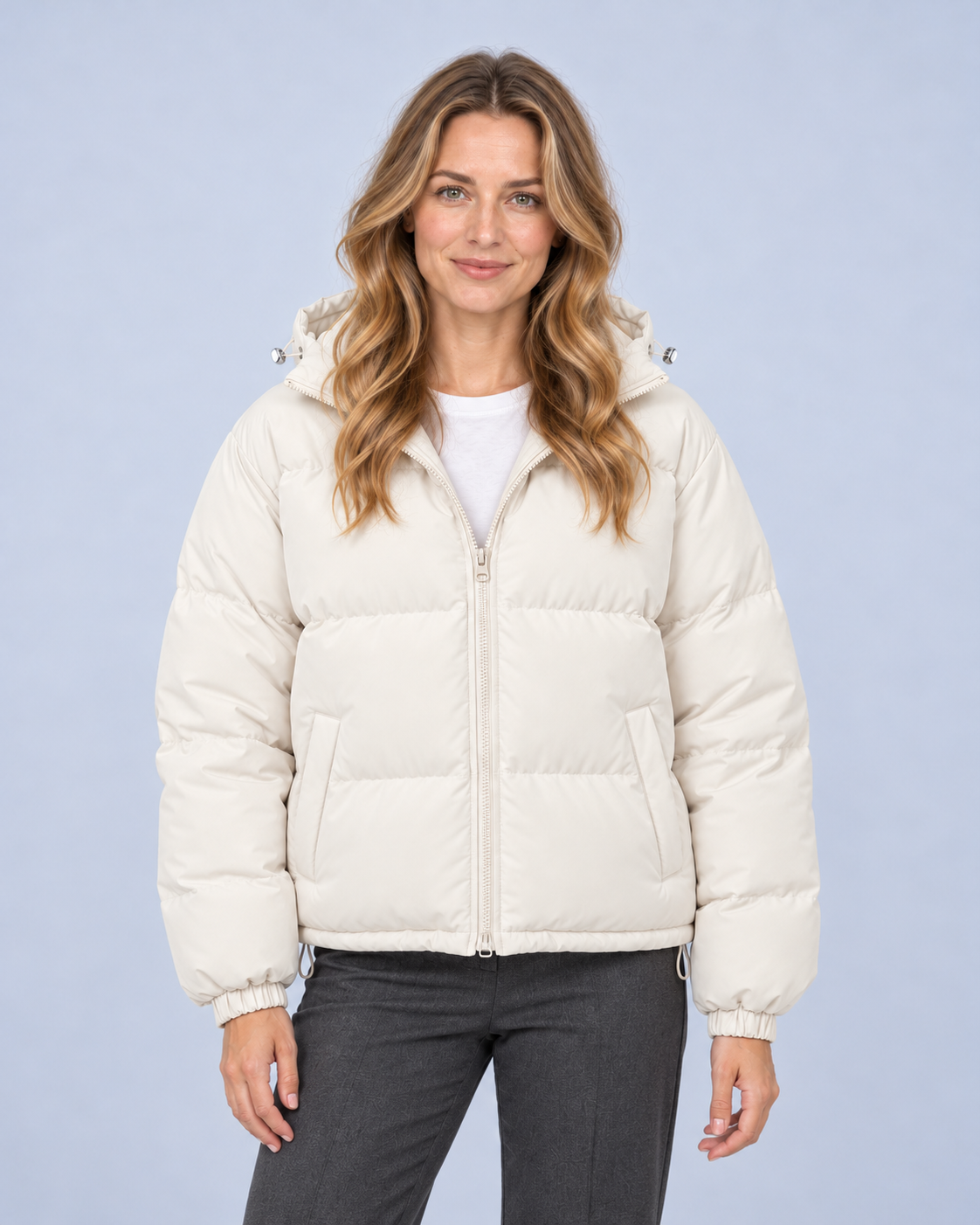 Ellis & Rowe own model ER-W04 — Unisex Hooded Cotton Puffer Jacket — Off-white front