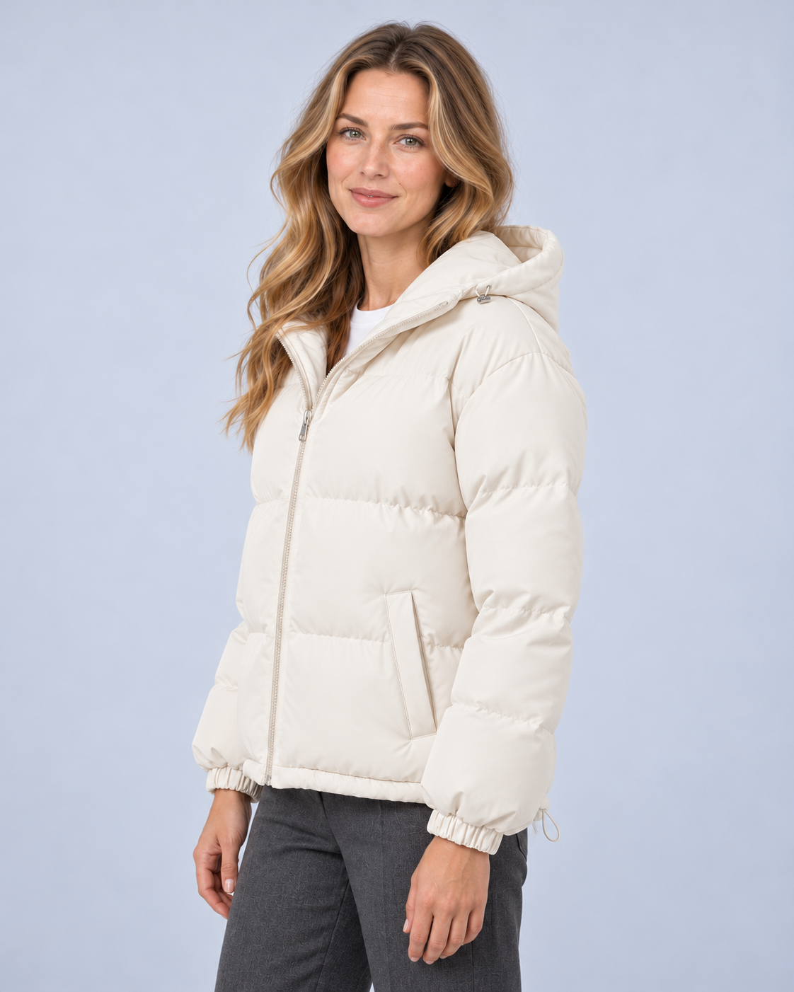 Ellis & Rowe own model ER-W04 — Unisex Hooded Cotton Puffer Jacket — Off-white side