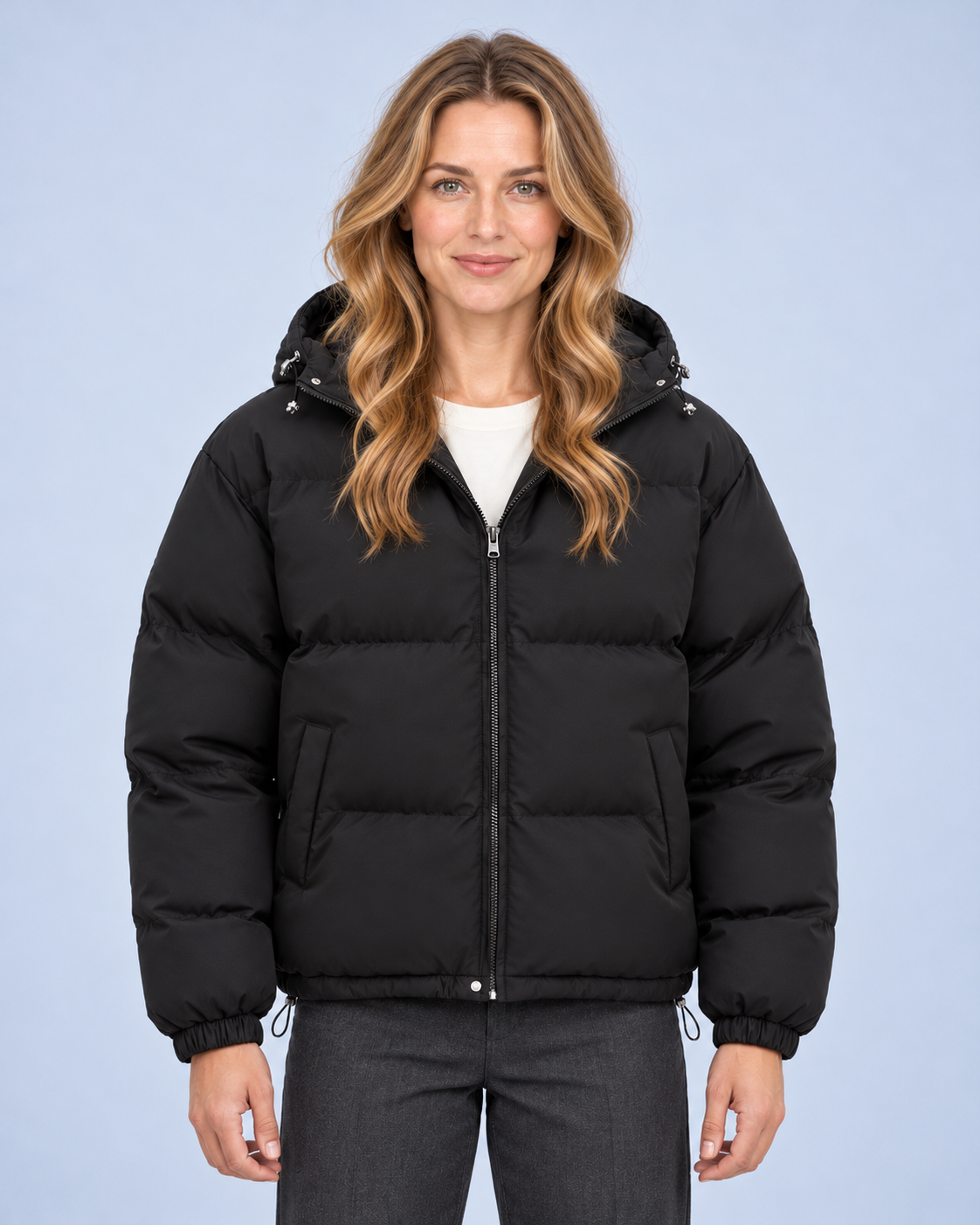 Ellis & Rowe own model ER-W04 — Unisex Hooded Cotton Puffer Jacket — Black front
