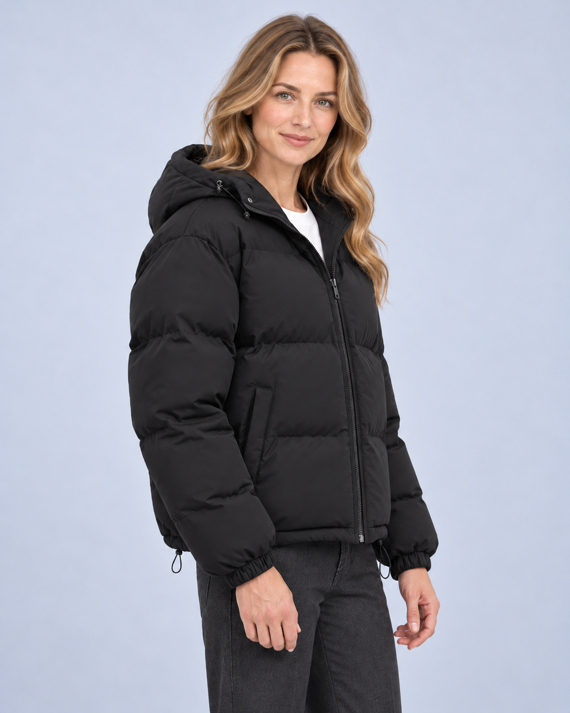 Ellis & Rowe own model ER-W04 — Unisex Hooded Cotton Puffer Jacket — Black side
