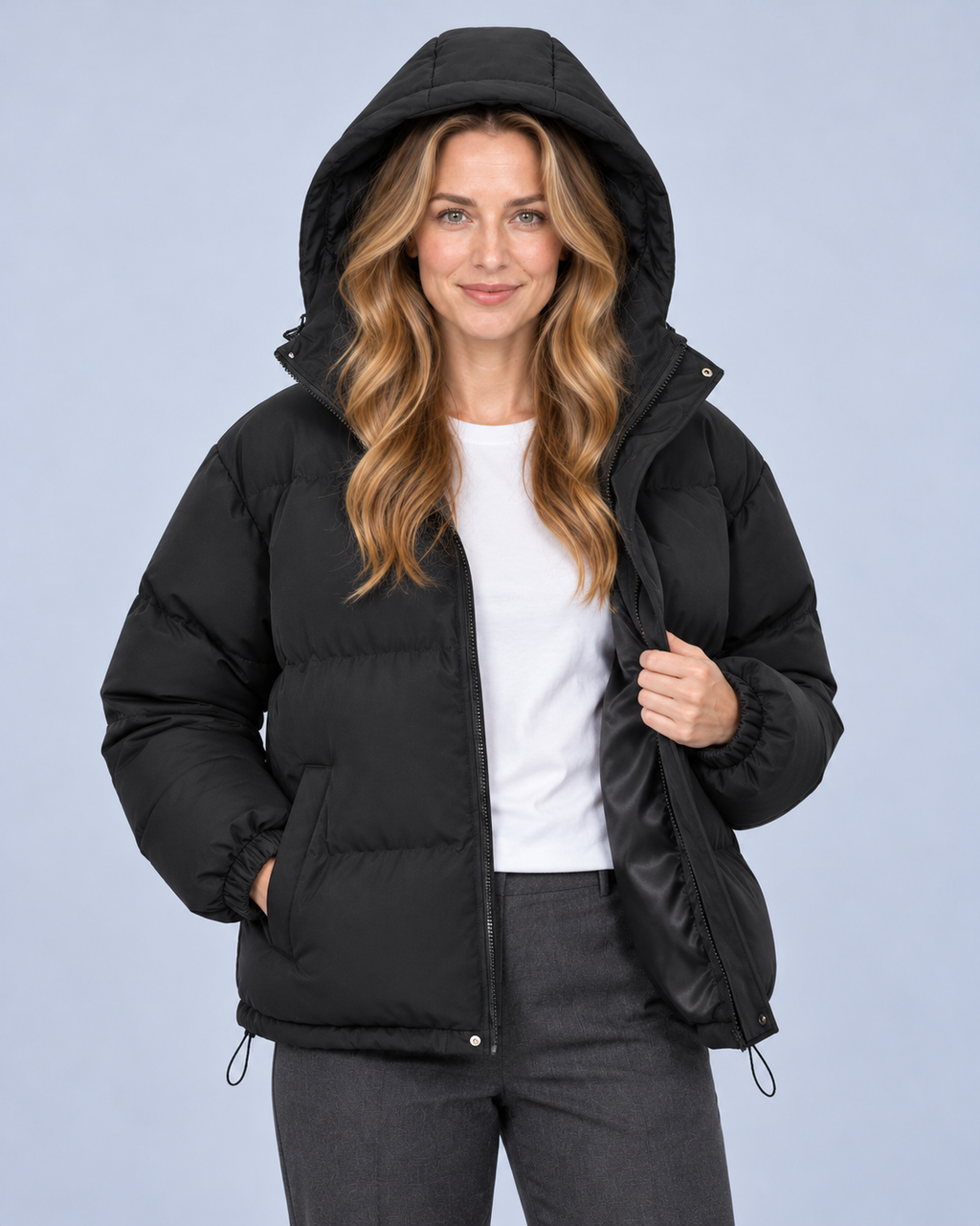 Ellis & Rowe own model ER-W04 — Unisex Hooded Cotton Puffer Jacket — Black open-front