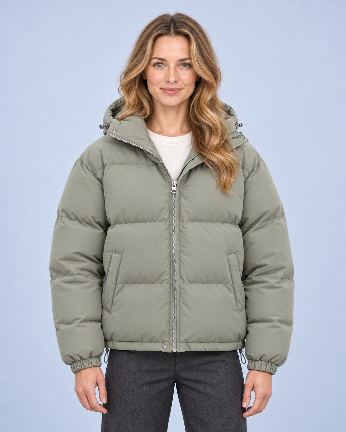 Ellis & Rowe own model ER-W04 — Unisex Hooded Cotton Puffer Jacket — Grayish green front