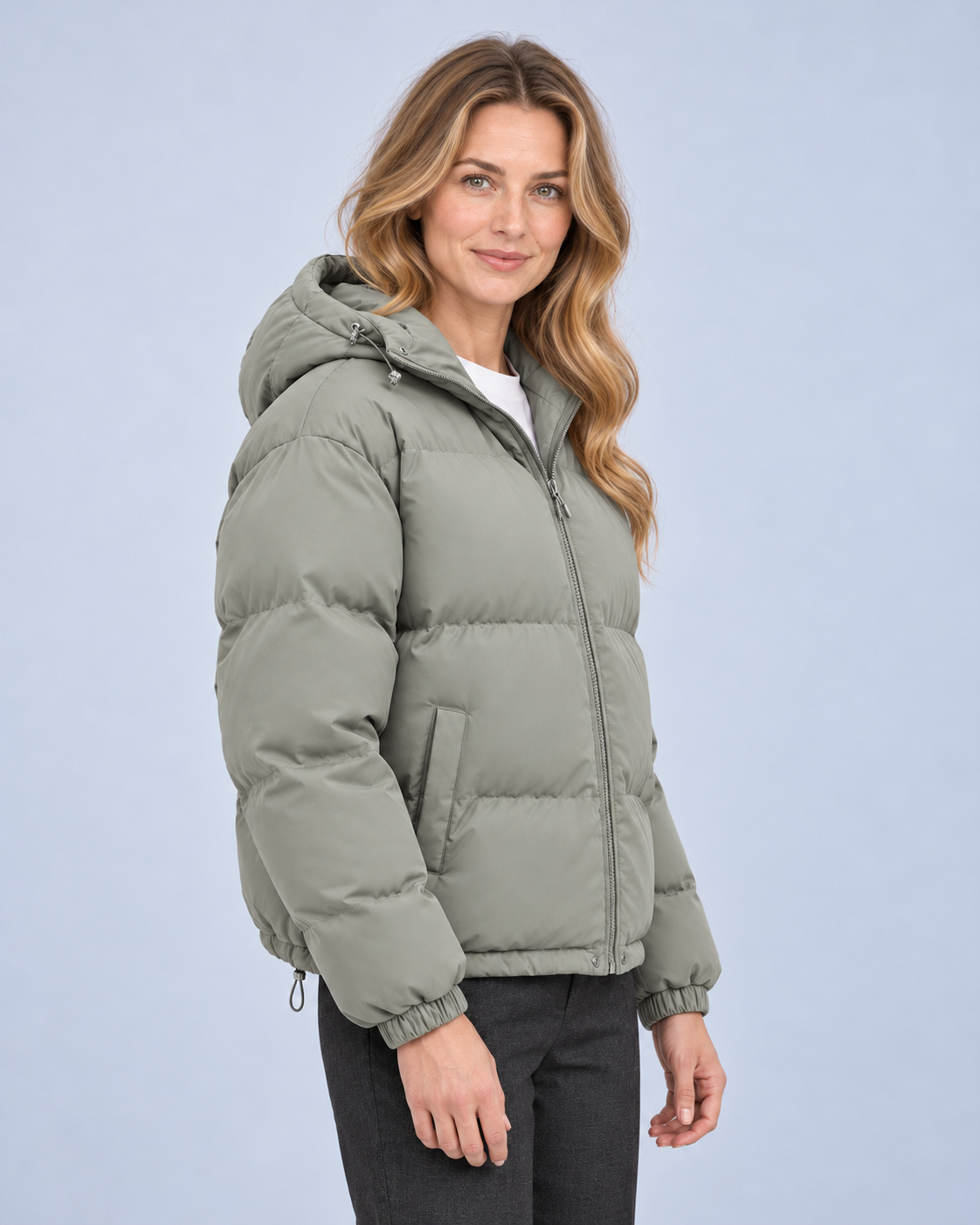 Ellis & Rowe own model ER-W04 — Unisex Hooded Cotton Puffer Jacket — Grayish green side