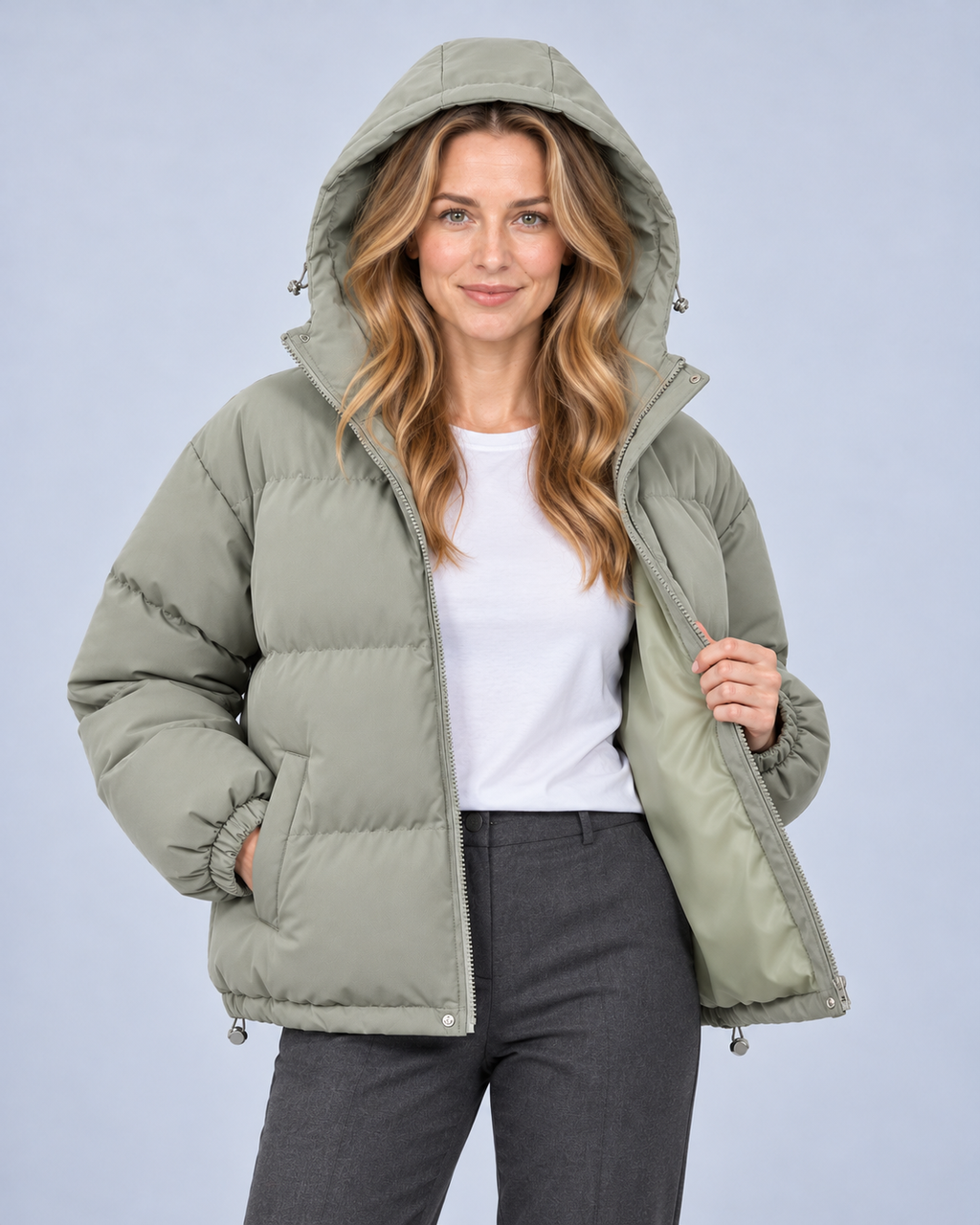 Ellis & Rowe own model ER-W04 — Unisex Hooded Cotton Puffer Jacket — Grayish green open-front