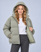 Ellis & Rowe own model ER-W04 — Unisex Hooded Cotton Puffer Jacket — Grayish green open-front