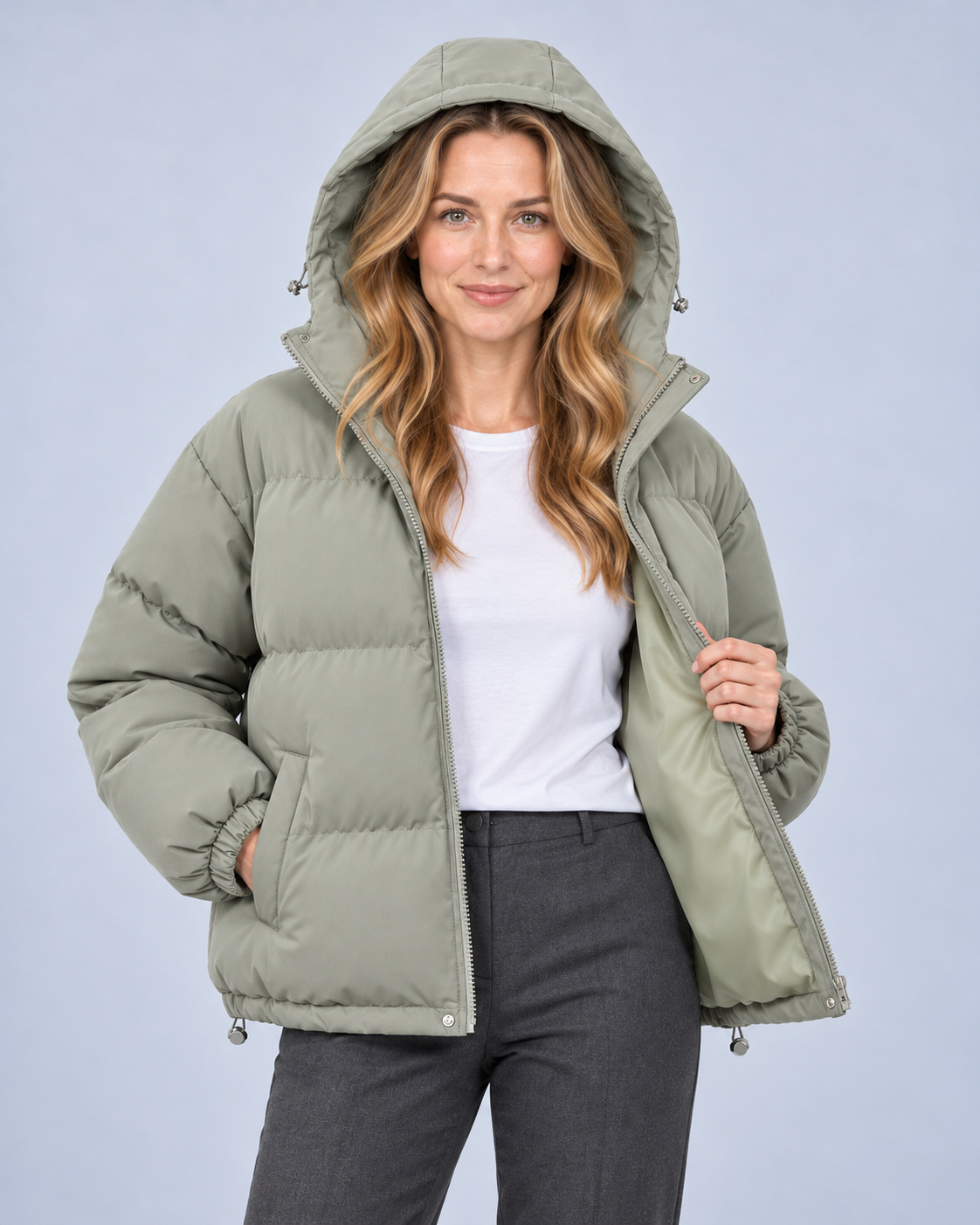 Ellis & Rowe own model ER-W04 — Unisex Hooded Cotton Puffer Jacket — Grayish green open-front