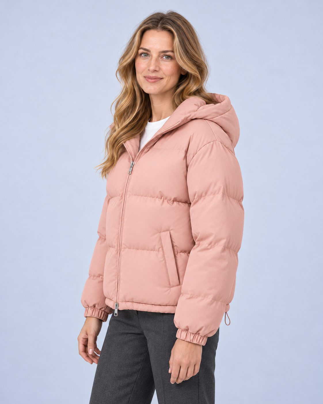 Ellis & Rowe own model ER-W04 — Unisex Hooded Cotton Puffer Jacket — Pink side