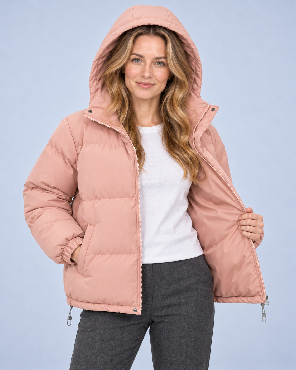 Ellis & Rowe own model ER-W04 — Unisex Hooded Cotton Puffer Jacket — Pink open-front